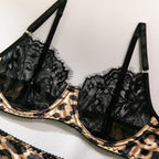 Krasapt Sexy Leopard Printing Lace Patchwork Women Lingerie 3Pcs Sets Romantic Mesh Perspective Intimates Underwear Erotic Set