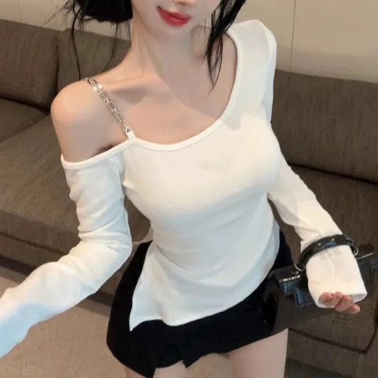 Pure And Elegant Irregular-necked Off-the-shoulder Tight T-shirt For Women