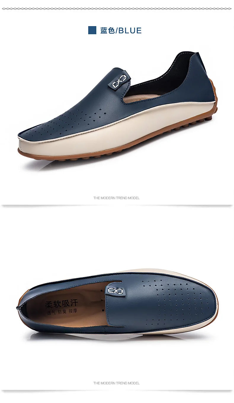 Summer Men Casual Flats Fashion Genuine Leather Soft Moccasins Brand Loafers High Quality Breathable Men Dress Shoes Size 36-47