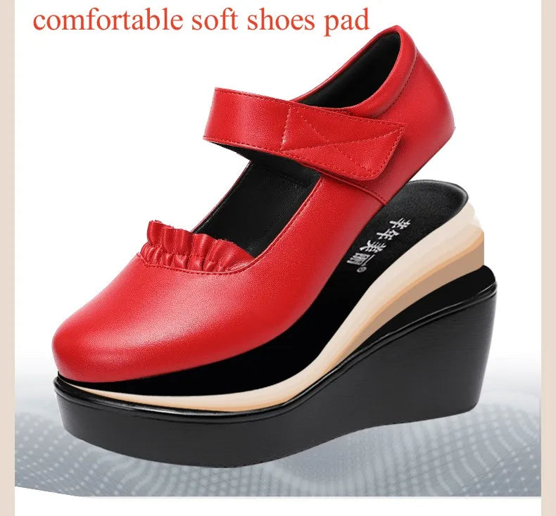 6cm Small Size 32-43 Comfortable Med Heels Pumps Soft Leather Mary Janes 2026 Women's Platform Wedges Shoes for Office Mom Dance