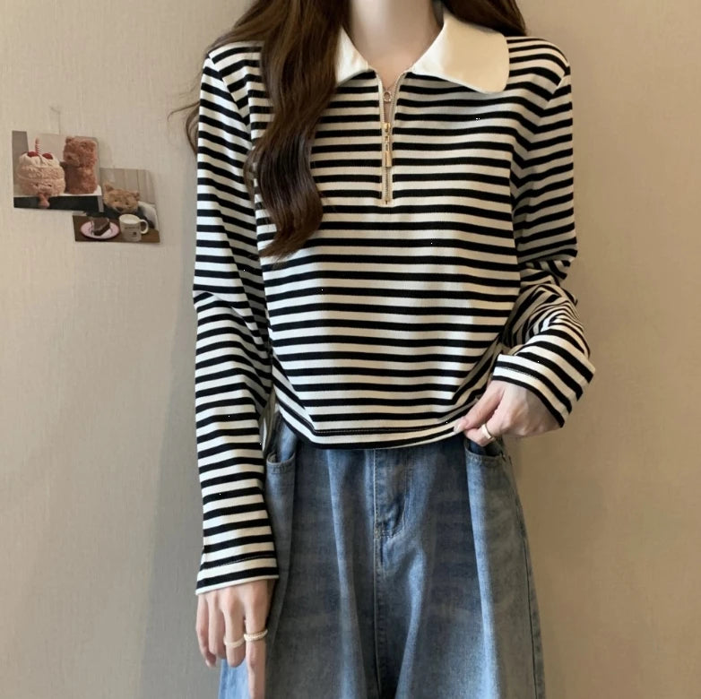 Women's Autumn Polo Shirt 2026 Striped Long Sleeve Drawstring Teddy Bear Collar Slimming T-Shirt