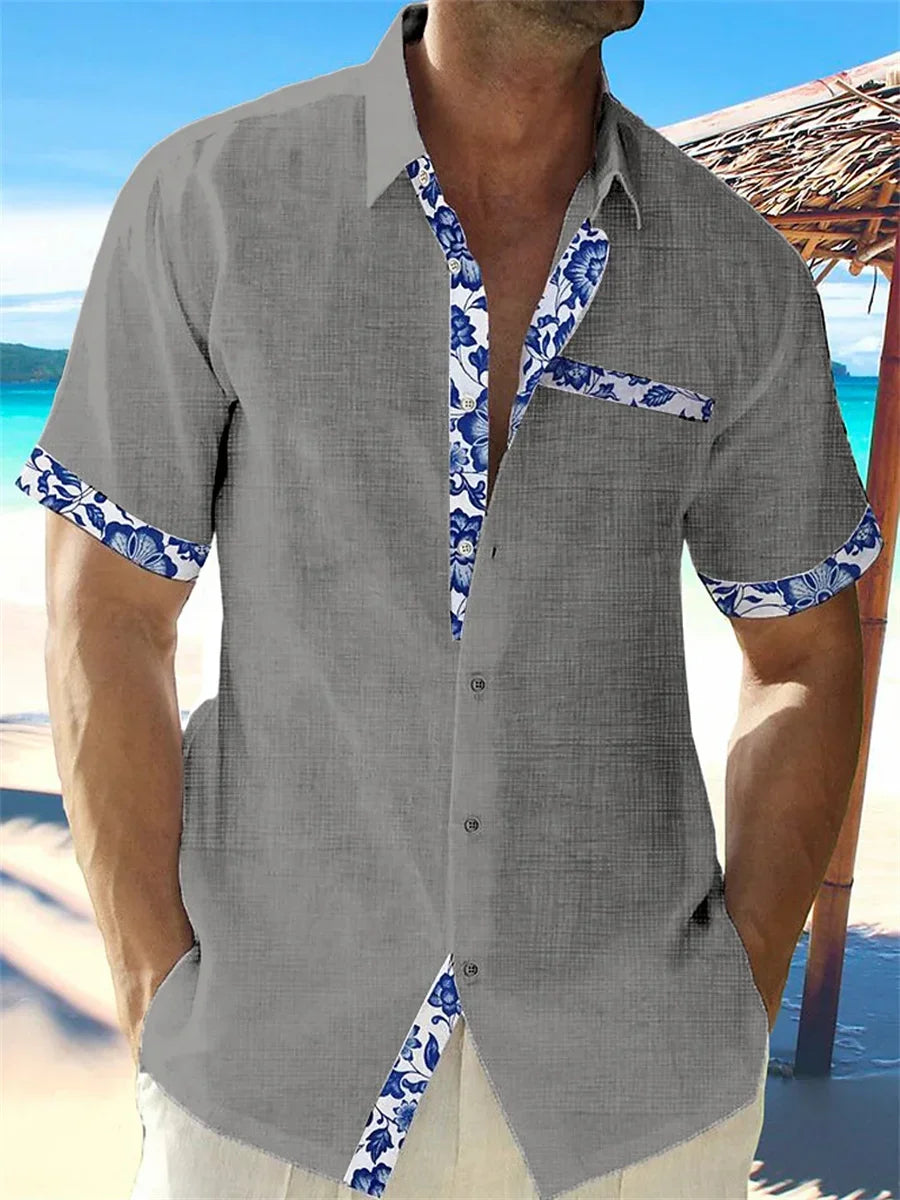 2024 new summer shirt men's Hawaiian shirt casual fashion street short -sleeved beach resort men's pocket shirt