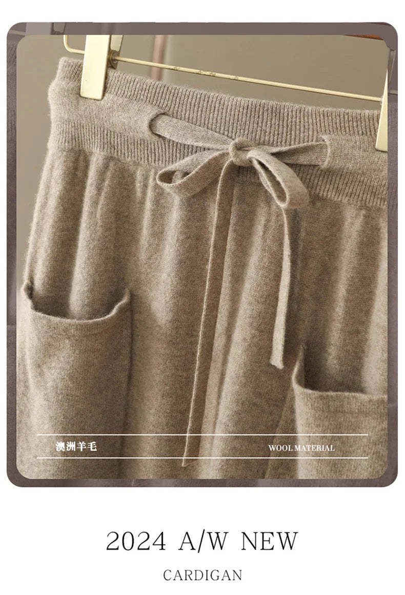 Autumn And Winter100% Pure Wool Skirt Women's Long Pocket Small A Skirt High Waist Slim Cashmere Knit A-Line Skirt