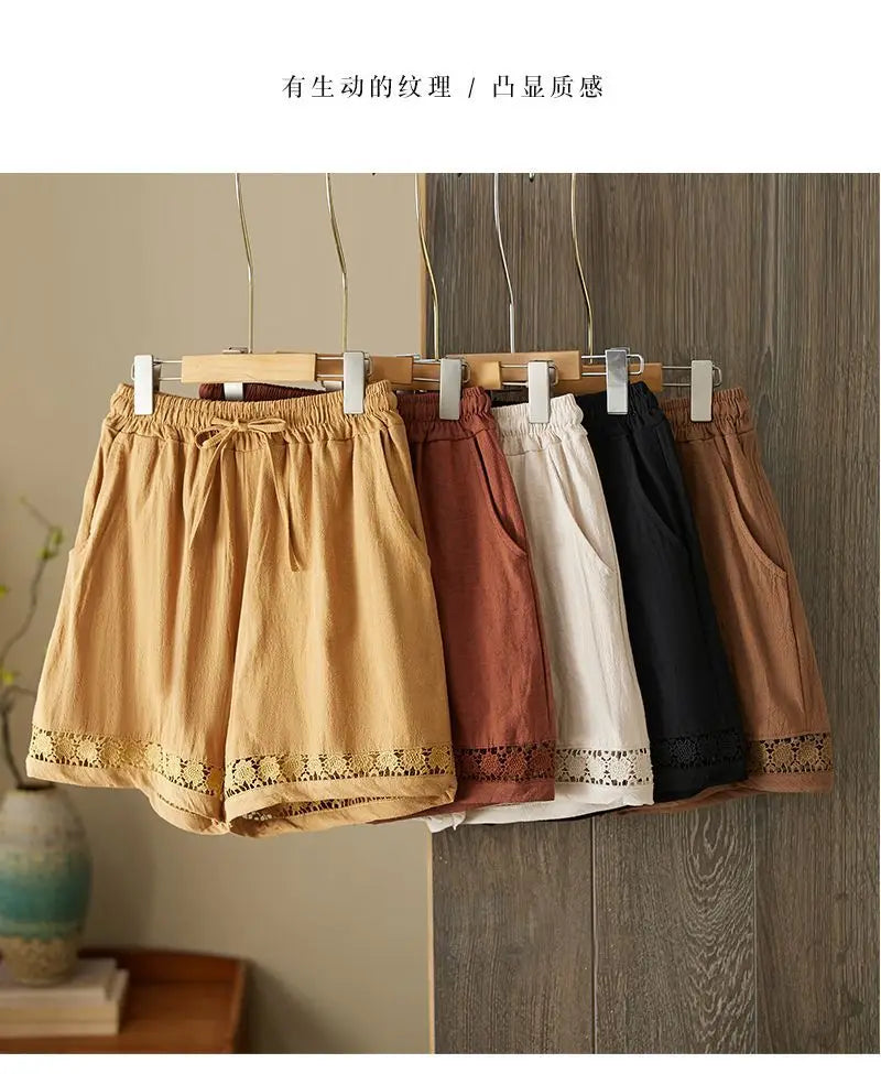 Women's Summer Retro Hollow Lace Trim Linen Shorts Elastic Drawstring Waist Casual Commute Wide Leg Pants