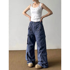 YIBASHU Women's Blue Gothic Emo Y2k Gyaru Baggy Jeans Oversize Denim Trousers Vintage Harajuku Grunge Cargo Wide Leg Jean Pants