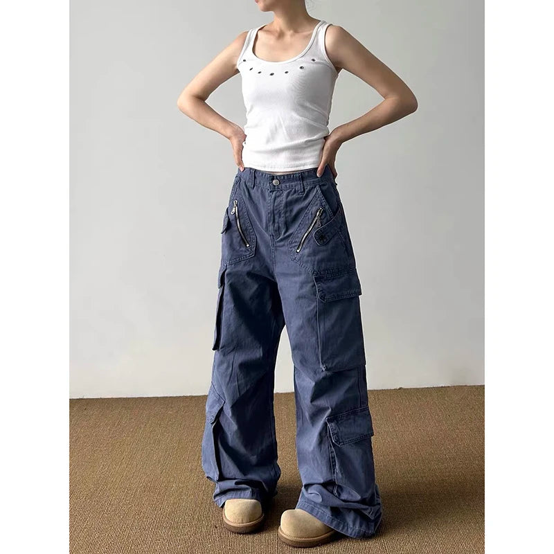 YIBASHU Women's Blue Gothic Emo Y2k Gyaru Baggy Jeans Oversize Denim Trousers Vintage Harajuku Grunge Cargo Wide Leg Jean Pants