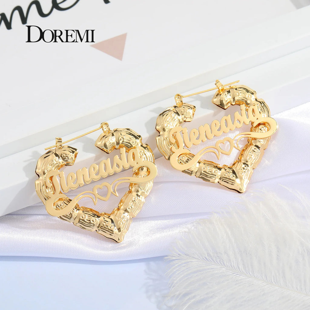 DOREMI 30-90mm Stainless Steel Bamboo Custom Heart Shape Earrings Customize Name Earrings Bamboo Style Custom Hoop Earrings Gift