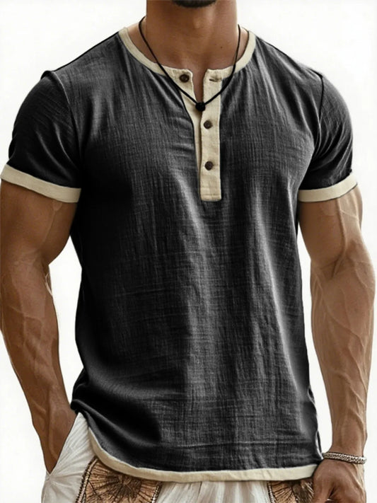 Summer New Men's Cotton Linen Shirt Casual Contrast Trim Short Sleeve Top Breathable Comfort Slim Fit Sports Casual Shirt
