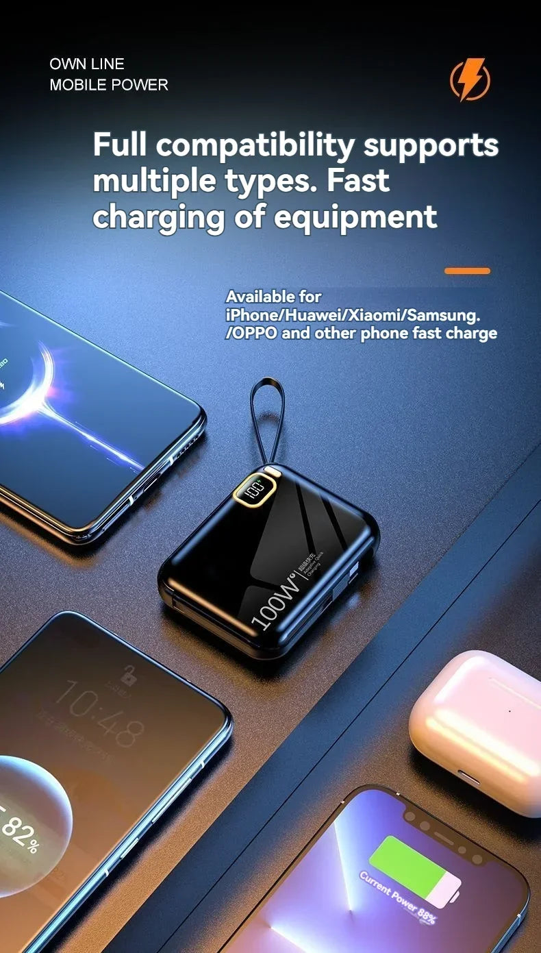 Portable Mini Power Bank, 66W, 20000mAh, Built-in Cable, PD20, Super Fast Charging, Compact, New
