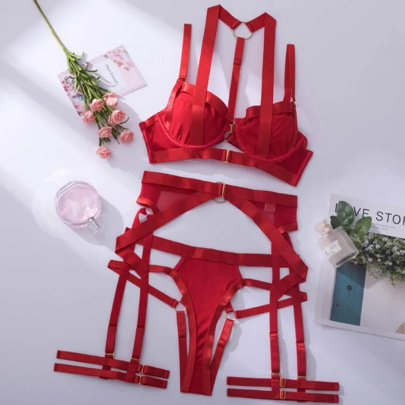 Toucheart Strap Cross Sexy Lingerie Body Shaping Separates Set Women Solid Color Sexy Hollow Out Underwear Metal Sheet Bra Set