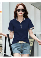 New Women Summer Cotton Polo T-shirt Fashion Button Plaid Turn-down Collar Short Sleeve Slim T-shirt Simplicity Casual Tees Tops