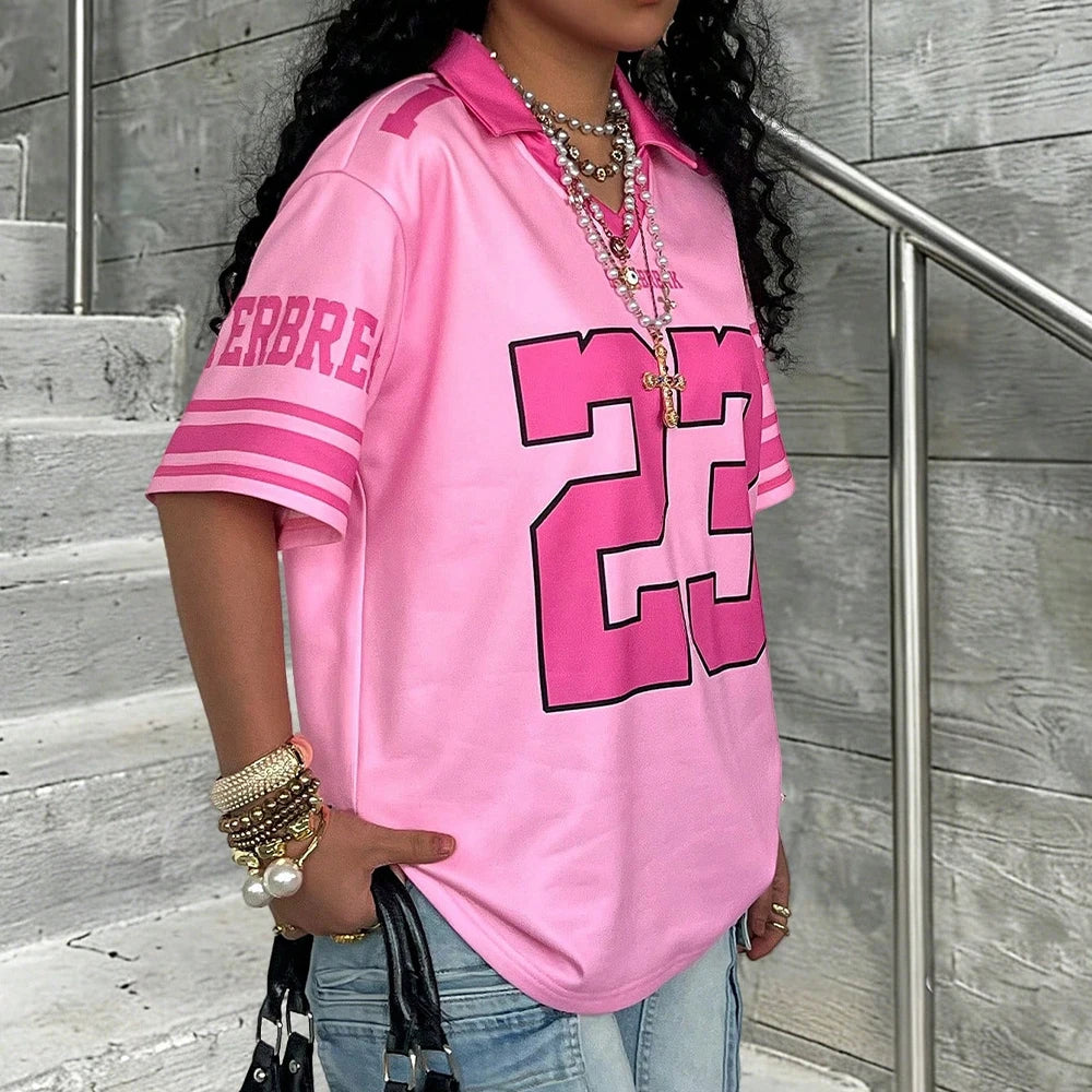 Summer Women's New No.8 Oversized Short sleeved T-shirt Street Y2K Fashion Leisure Sports Jersey Men Letter Printed Polo Shirt