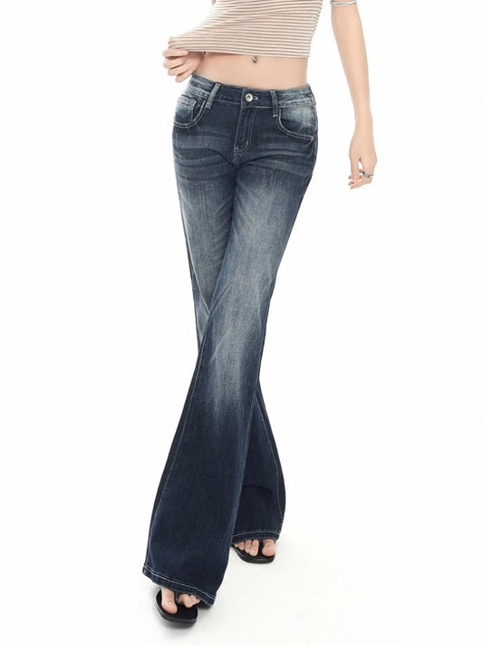 2026 New Ladies American Vintage Washed Micro Flare Denim Pants High Waist Slim Lazy Floor-Length Retro Street Long Jeans