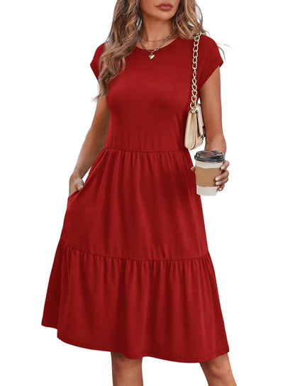 Women Cap Sleeve Casual Tiered Swing Dress Floral Print Summer Beach Vacation Dress