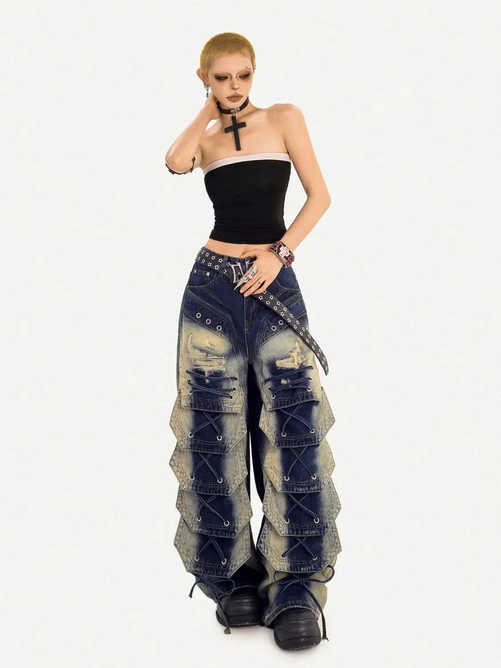 Fashionable Retro Embroidered Personalized Irregular High Waisted Jeans 2026 New Women Loose Oversized Streetwear Wide Leg Pants