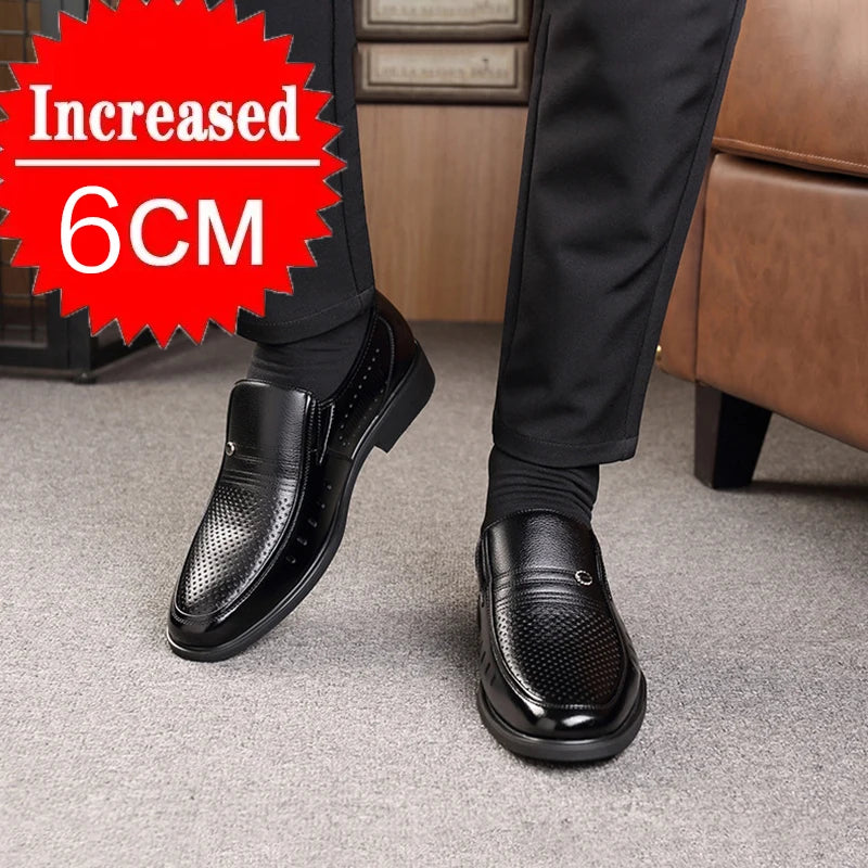 Men's Breathable Hollow Out Elevator Dress Leather Shoes Spring Summer 6cm Height Increase Business Slip-On Formal Office Shoes