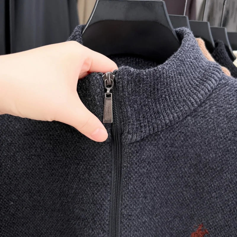 Luxury Quality Men Long-Sleeved Knitwear Mock Neck Half-Zip Thicken Horse Embroidery Spring New Pullover Fashion Casual MensWear