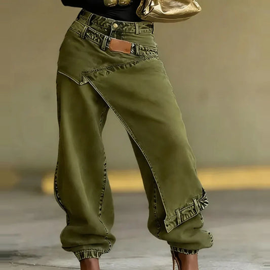 Women's Vintage Asymmetric Overlay Patch Jeans High Waist Washed Denim Jogger Pants Loose Wide Leg Streetwear Casual Trousers