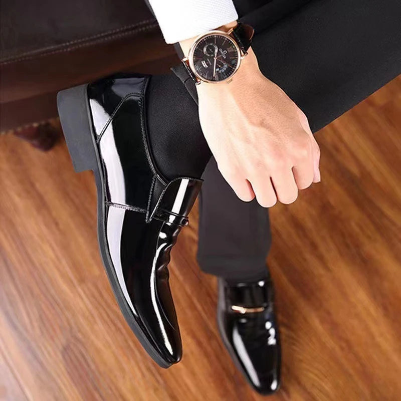 Mens Formal Wine Red Patent Leather Loafers Pointed Toe Slip On Shoes Hollow Out Non SlipBreathable Design Metal Buckle Decor
