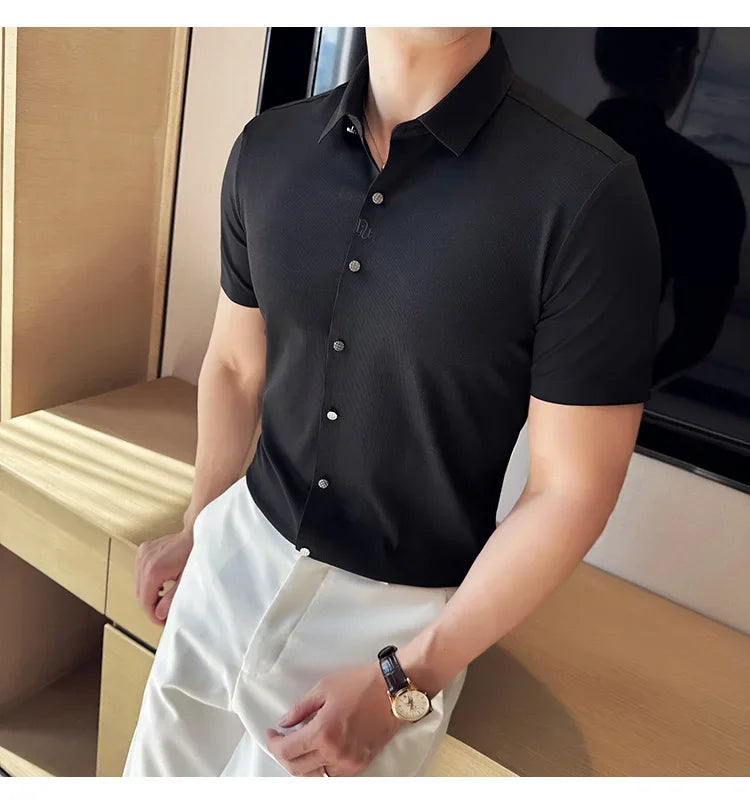 Men's White Business Casual Shirt, Fitted Striped Elastic Short-sleeved Shirt, Exquisite Embroidered Summer Formal Work Uniform.