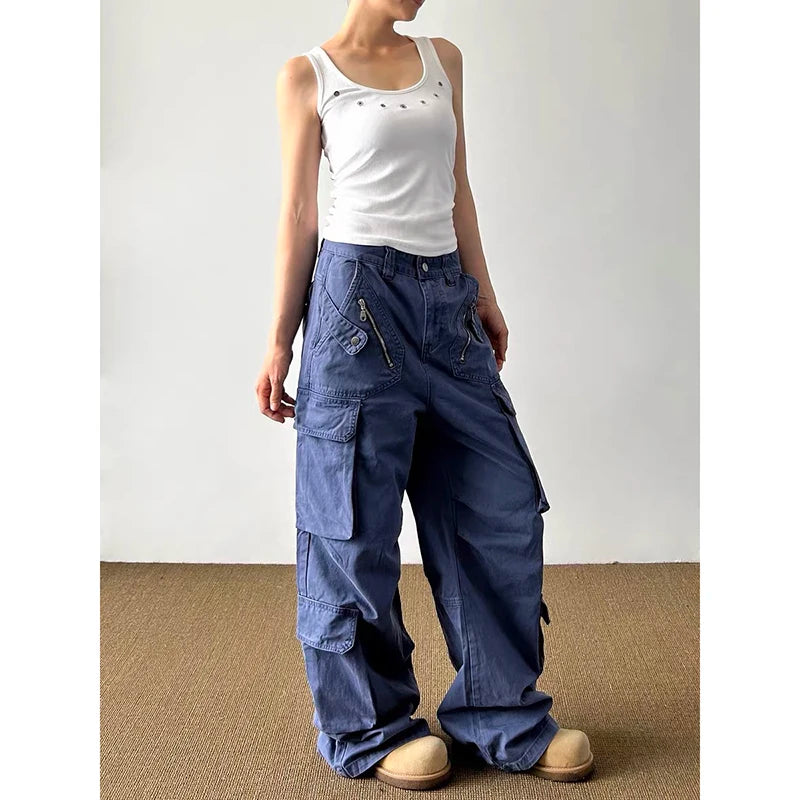 YIBASHU Women's Blue Gothic Emo Y2k Gyaru Baggy Jeans Oversize Denim Trousers Vintage Harajuku Grunge Cargo Wide Leg Jean Pants