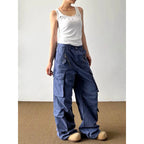 YIBASHU Women's Blue Gothic Emo Y2k Gyaru Baggy Jeans Oversize Denim Trousers Vintage Harajuku Grunge Cargo Wide Leg Jean Pants