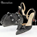 Queena Yan Shiny Italian Fashion Pointed Toe Women High Heel Shoes Mixed Color Effect Rhinestone Decoration Shoes And Bag Set