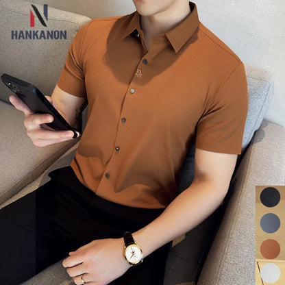 Men's White Business Casual Shirt, Fitted Striped Elastic Short-sleeved Shirt, Exquisite Embroidered Summer Formal Work Uniform.