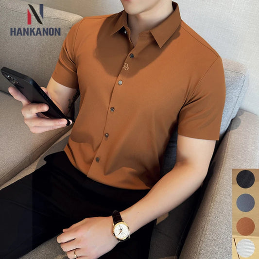 Men's White Business Casual Shirt, Fitted Striped Elastic Short-sleeved Shirt, Exquisite Embroidered Summer Formal Work Uniform.