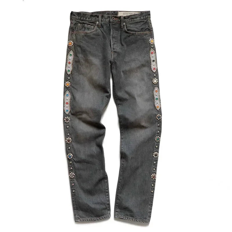 Japan Style KAPITAL 24SS Classic Rivet Set Diamond Casual Cowboy Gemstone Craft Men Jeans Pants