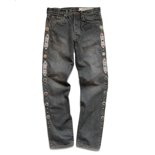 Japan Style KAPITAL 24SS Classic Rivet Set Diamond Casual Cowboy Gemstone Craft Men Jeans Pants