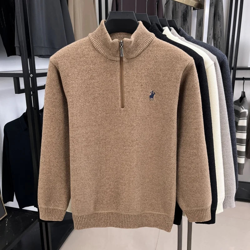 Luxury Quality Men Long-Sleeved Knitwear Mock Neck Half-Zip Thicken Horse Embroidery Spring New Pullover Fashion Casual MensWear