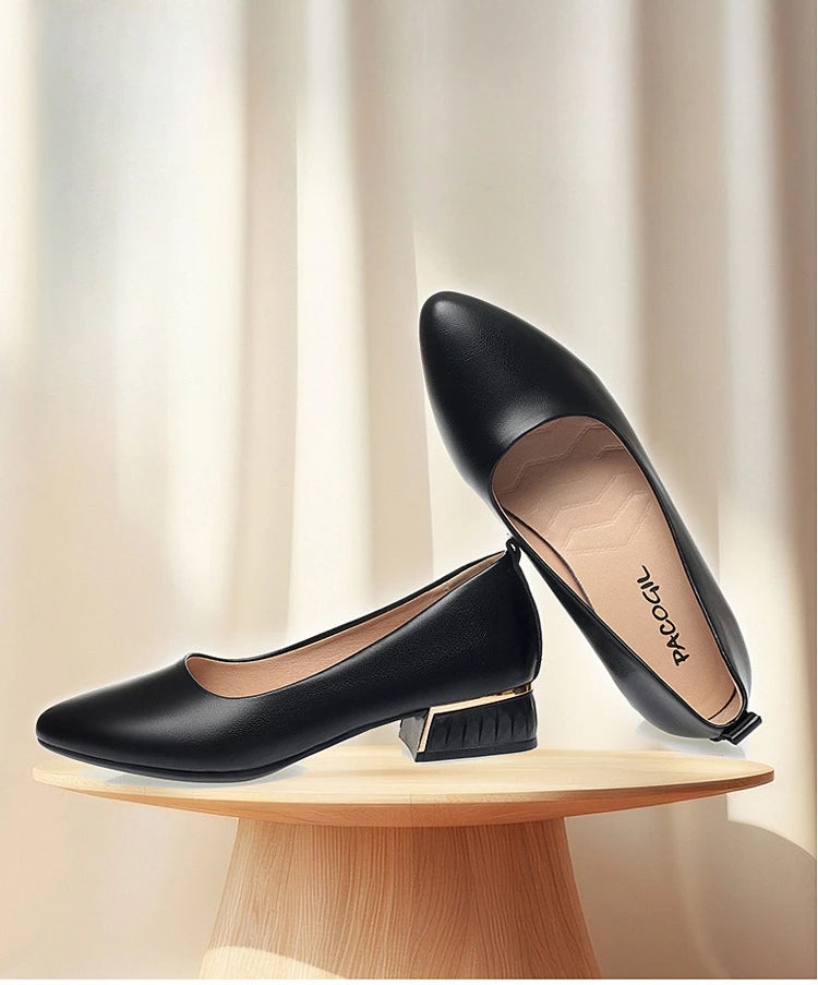 2026 Summer Women's Soft Leather Chunky Heel Pumps  Pointed Toe Low Heel Office Shoes White Work Dress Shoes Size 35-41