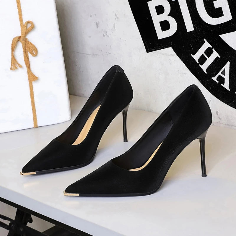 Banquet Fashion Metal Toe High Heels Women's Pointed Toe Shallow Mouth Thin Heels Women's Shoes Temperament Single Shoes