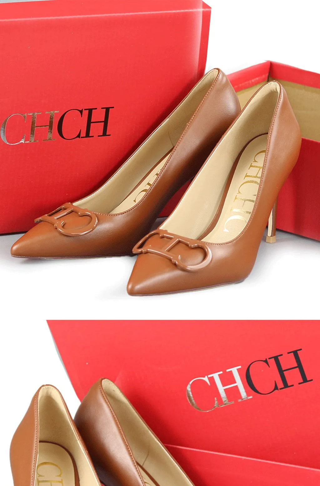 2026 CH Fashion Black Red Contrast Slingback Heels Women Pointed Toe Metal Buckle Stiletto High Heels Elegant Party Wedding