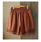 Women's Summer Retro Hollow Lace Trim Linen Shorts Elastic Drawstring Waist Casual Commute Wide Leg Pants