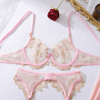 Ellolace Honey Women's Lingerie Sets Romantic Coquette Embroidered Bra 3PC Stockings Premium Gold Thread Jewel Decor Underwear