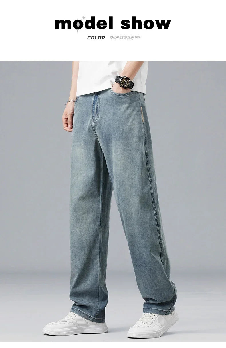 2026 New Summer Ultra-thin Lyocell Men's Jeans Drape Soft Fabric Loose Straight Casual Denim Pant Elastic Ice Silk Male Trousers