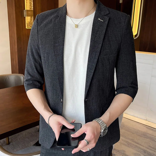 Men's Summer New Slim Fit 3/4 Sleeve Blazer Set Thin Seven-Point Sleeve Suit Outfit Casual Business Two-Piece Set