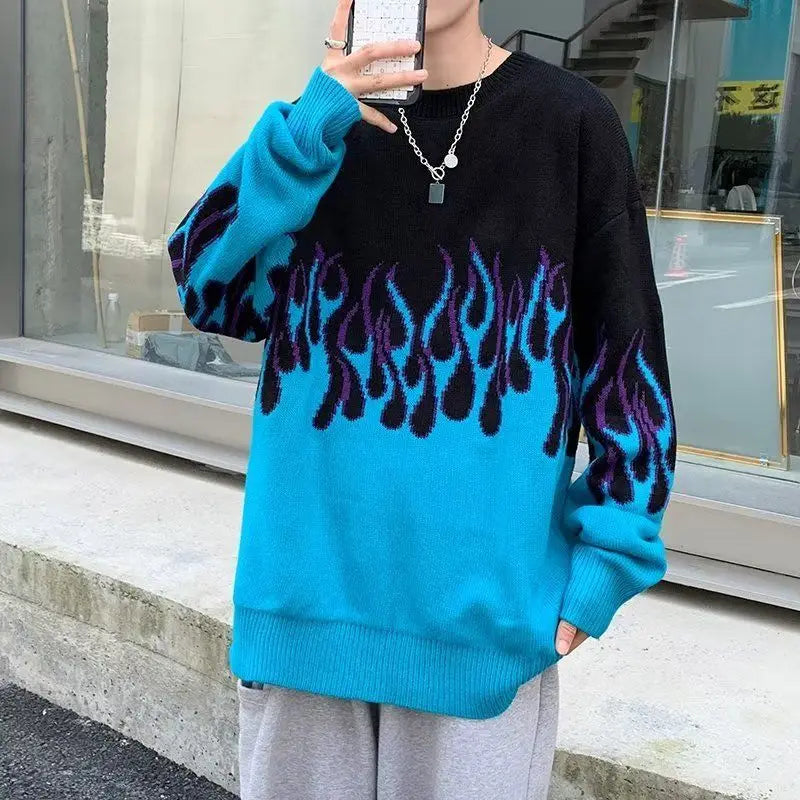 Fashion Gradient Flame Print Oversized Long Sleeve Sweaters Casual Pullovers Men's Clothing All-match Korean Loose Knitting Tops
