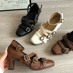 Sweet Lolita Cross Buckle Strap Women Mary Jane Shoes Fashion Multi Metal Buckle Shoes Retro Wedding Party Dress Ladies Pumps