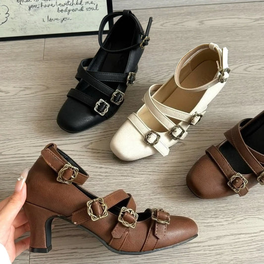 Sweet Lolita Cross Buckle Strap Women Mary Jane Shoes Fashion Multi Metal Buckle Shoes Retro Wedding Party Dress Ladies Pumps