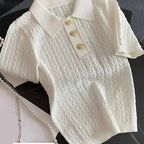 Ice Silk Polo Shirt Knitted Short Sleeve T-Shirt Summer Chic Thin Unique Jacquard Women Tops 2026 Korean Style Women’s Clothing