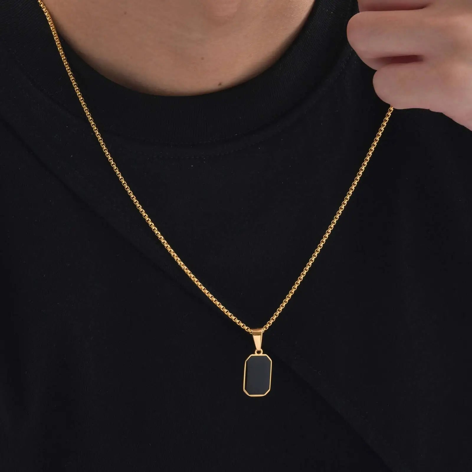 Stylish Men's Black Enamel Necklace,Stainless Steel Geometric Square Small Dogtags Necklace,Anniversary Birthday Father Gift