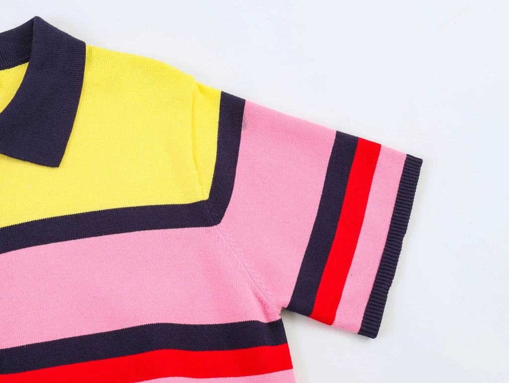 KONDALA Trendy Contrasting Colors Striped Tops Women Casual High Street Polo Shirts 2026 Summer Fashion Holiday Chic Knitted Top