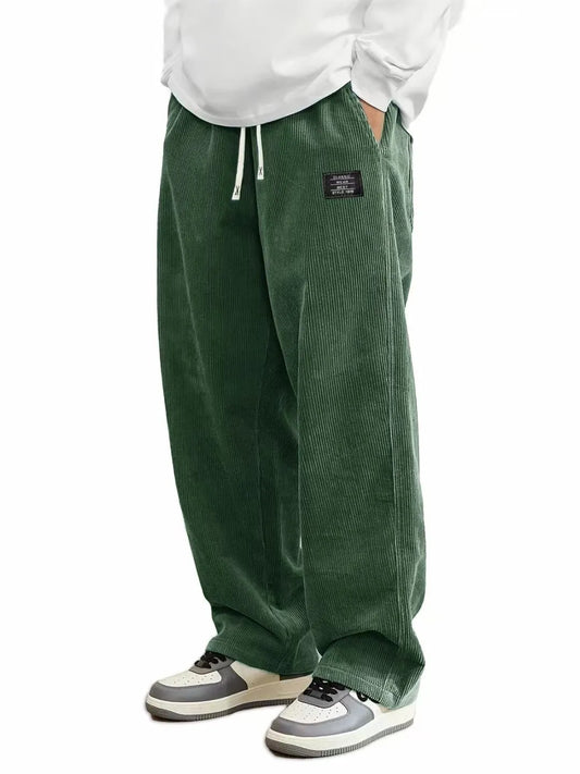 Men'S Corduroy Straight Leg Pants with Drawstring Waist,  Pockets, and Logo Design - Stretchy, Casual Fit for Everyday Wear