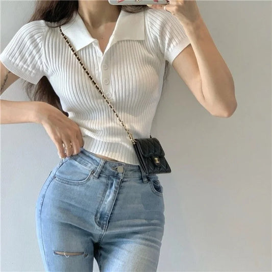 New Polo Women TShirt Ribbed Knitted Sexy Tops Summer Basic Shirts Skinny Slim Casual Short Sleeve Vest Women's Top White Black