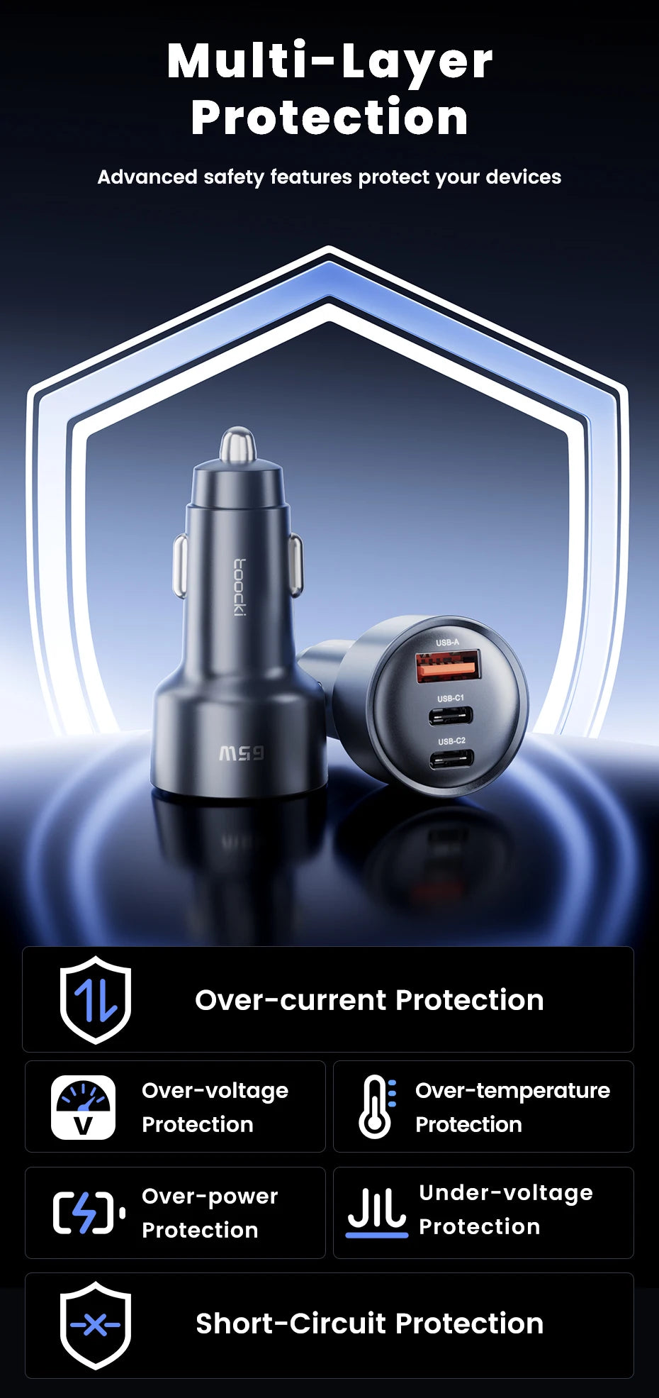 Toocki 65W Car Charger PD 35W Fast Charge for iPhone 16 15 14 Samsung S24 AFC USB C Car Phone Charger for Xiaomi Huawei Realme