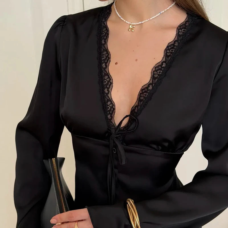 Tornova Elegant Satin Lace T Shirt Women's Long Sleeve Casual V Neck Lace Up Top Fashion Single Breasted Female Commute T Shirt