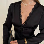 Tornova Elegant Satin Lace T Shirt Women's Long Sleeve Casual V Neck Lace Up Top Fashion Single Breasted Female Commute T Shirt